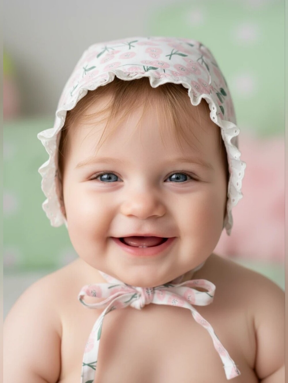 NWOT Baby Girl Toddler Cotton Pink Floral White Ruffle Trim Bonnet Hat 18-24 Mo.